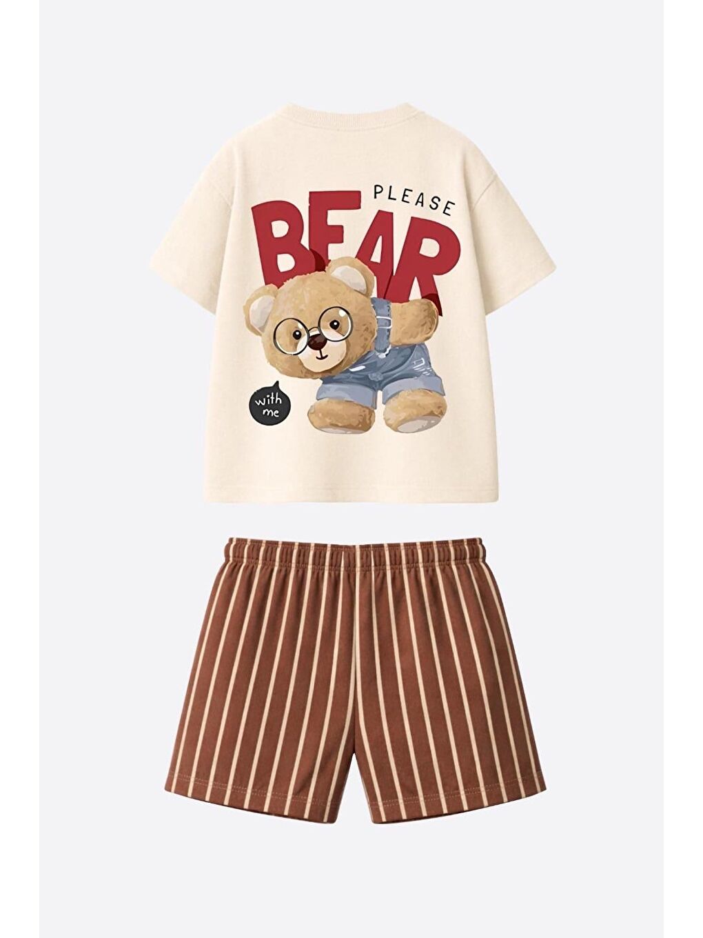 Bej Erkek Çocuk Pamuklu Ayıcık Baskılı T-Shirt Ve Çizgili Şort Alt Üst Takım-1
