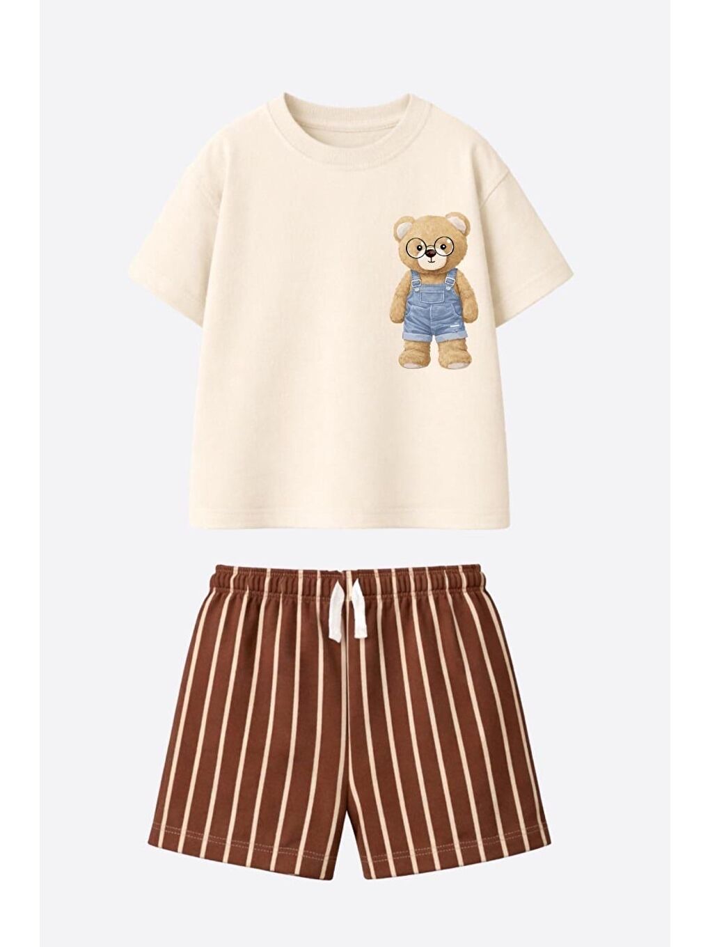 Bej Erkek Çocuk Pamuklu Ayıcık Baskılı T-Shirt Ve Çizgili Şort Alt Üst Takım-2