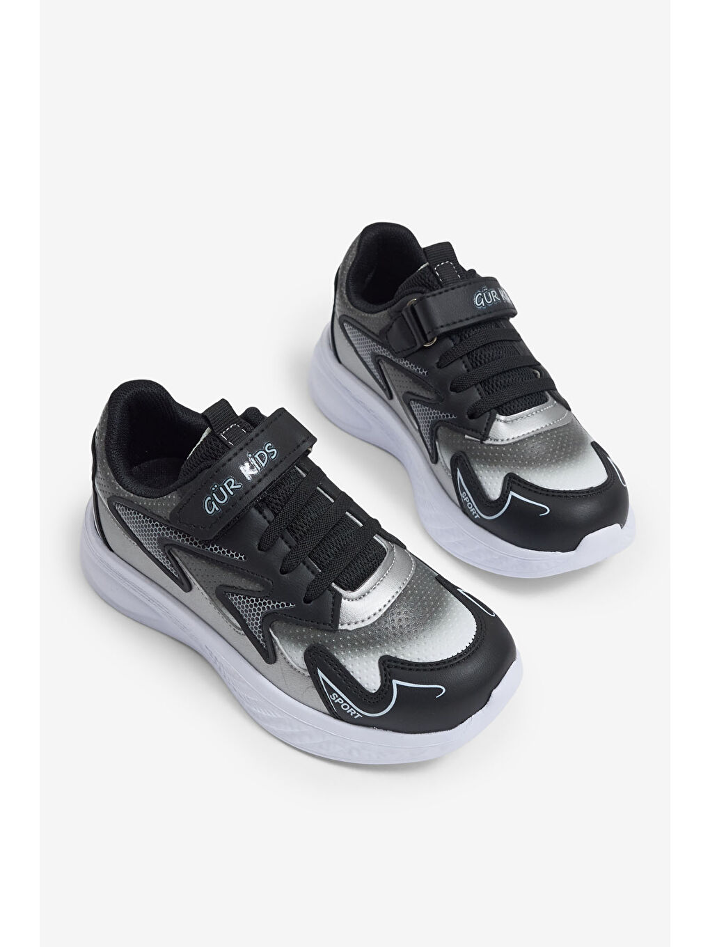 Çocuk Unisex Siyah Gri Eva Faylon Taban Çocuk Unısex Cırtlı Lastik Bağcıklı Spor Ayakkabı-2