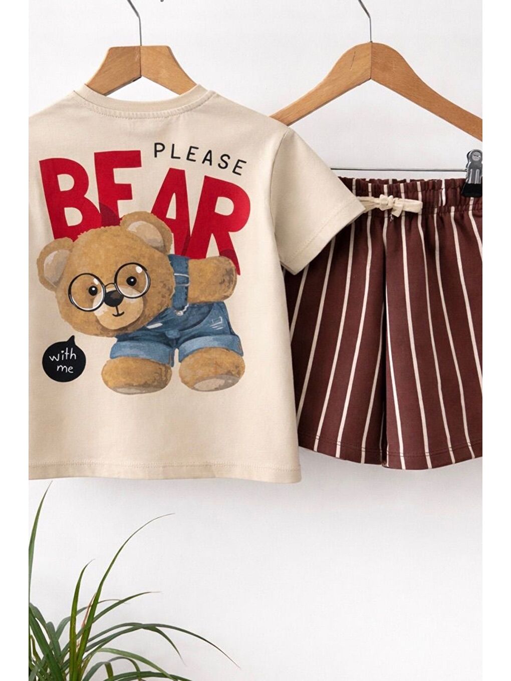 Bej Erkek Çocuk Pamuklu Ayıcık Baskılı T-Shirt Ve Çizgili Şort Alt Üst Takım-3