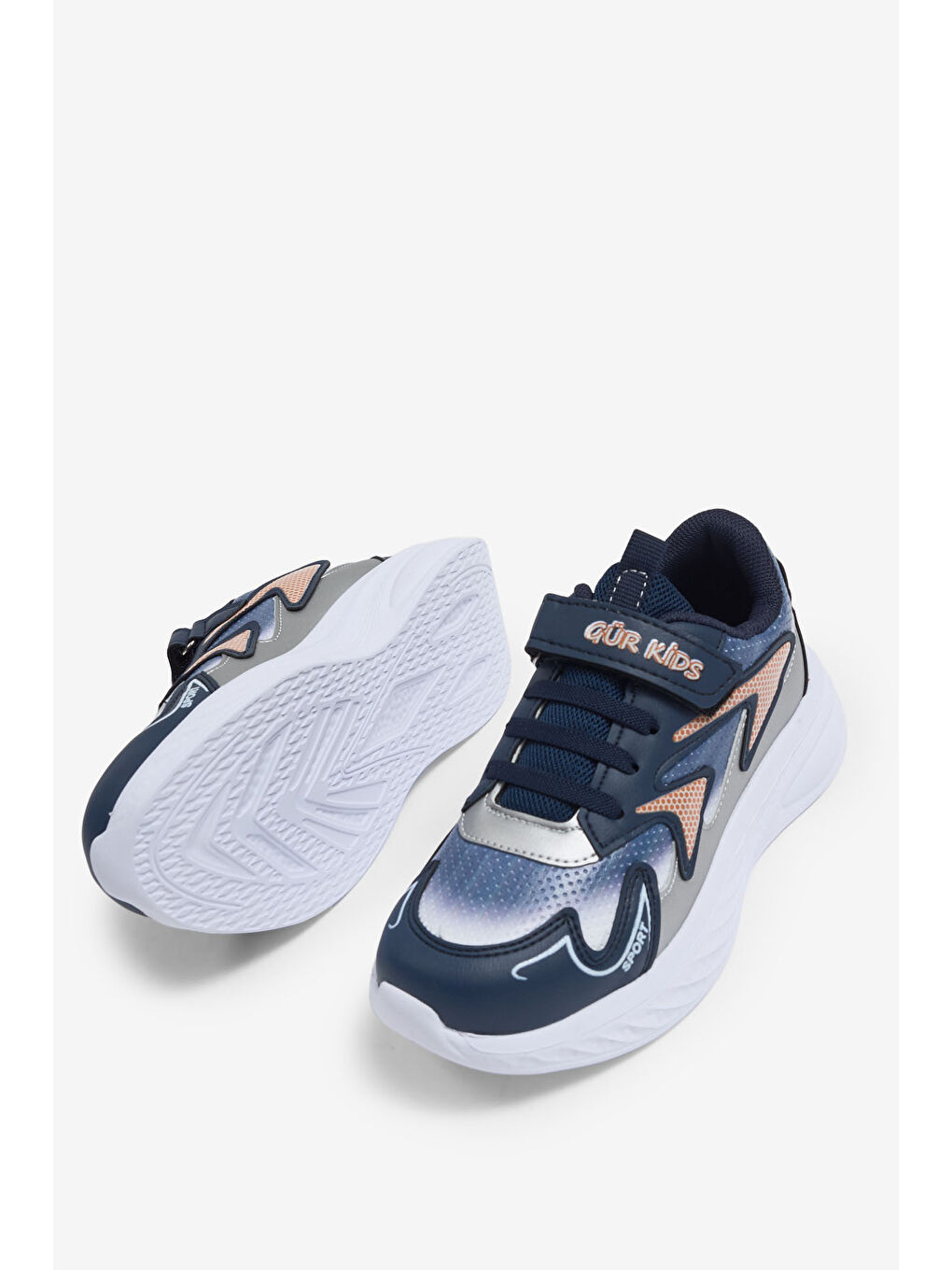 Çocuk Unisex Lacivert Turuncu Eva Faylon Taban Çocuk Unısex Cırtlı Lastik Bağcıklı Spor Ayakkabı-2