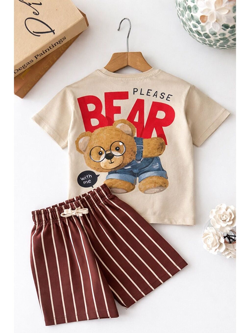 Bej Erkek Çocuk Pamuklu Ayıcık Baskılı T-Shirt Ve Çizgili Şort Alt Üst Takım-4
