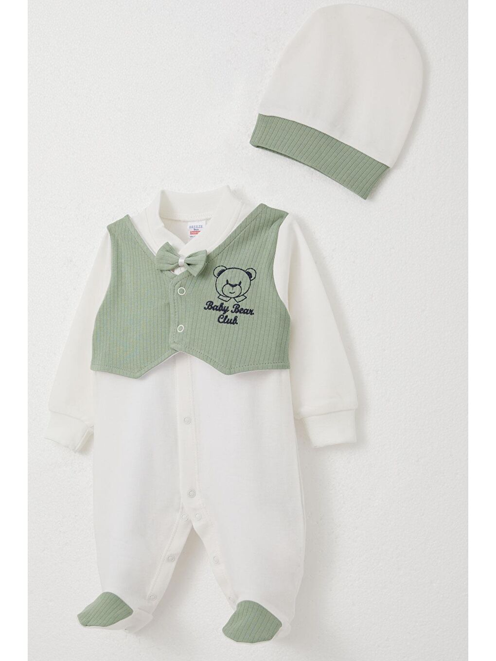 Erkek Bebek Patikli Tulum Sabit Papyonlu Yelekli Ekru (0-6 Ay)-2