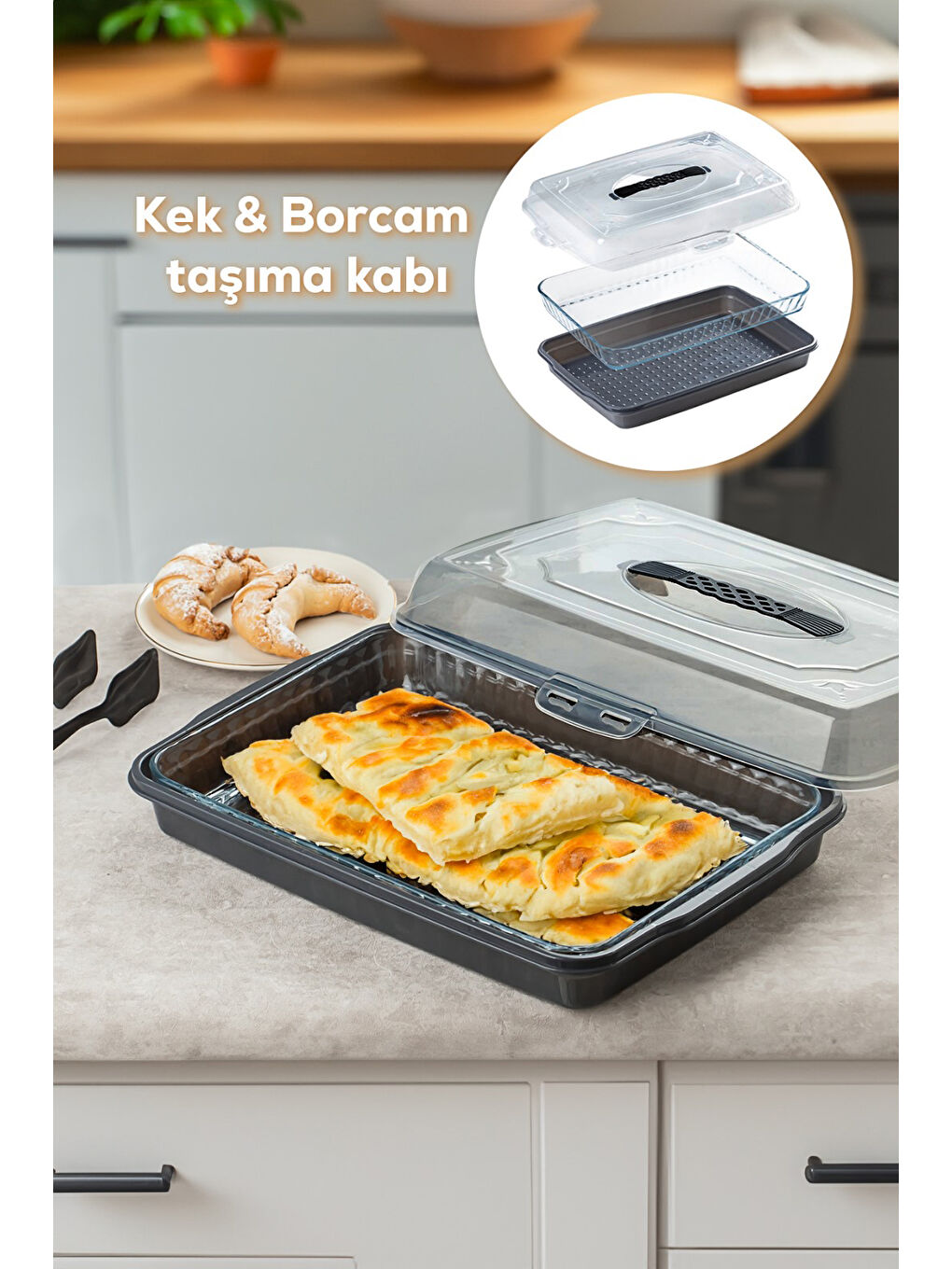 Porsima Antrasit AKR-031 Kilitli Kapaklı Kek Börek Pasta Saklama Taşıma Kabı Borcam - Kek Fanusu Antrasit