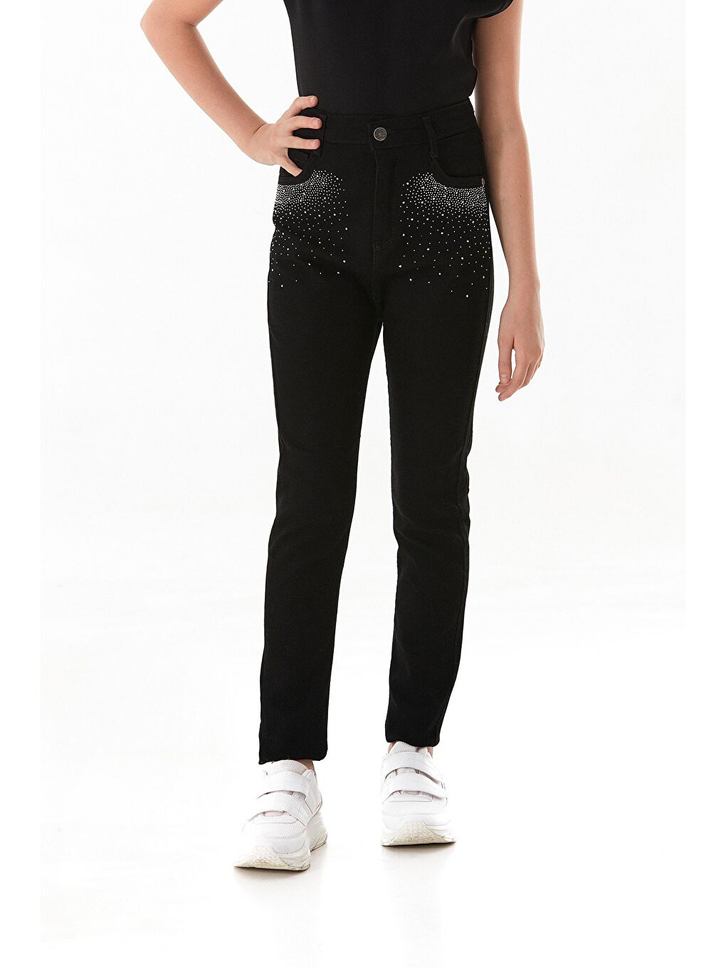 Siyah Cebi Taş Detaylı Kız Çocuk Pantolon-2