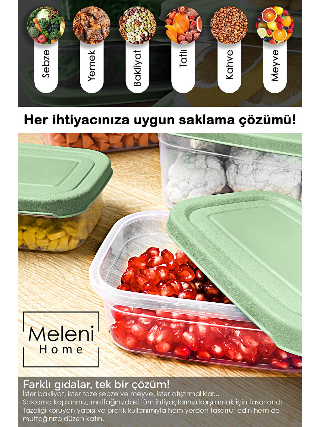 Yeşil 52'li Dikdörtgen Erzak Saklama Kabı-5