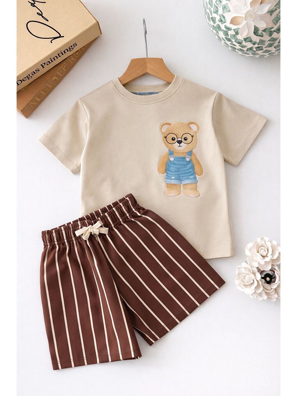 Bej Erkek Çocuk Pamuklu Ayıcık Baskılı T-Shirt Ve Çizgili Şort Alt Üst Takım-6