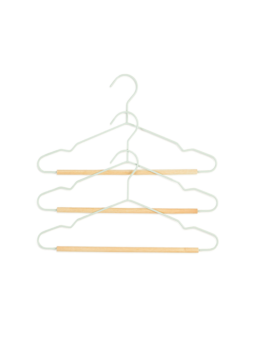 Yeşil 3'lü Ahşap Destekli Mat Mint Renk Kauçuk Kaplamalı Metal Çocuk Giysi Askısı 18 x 32 x 0.3 cm-3