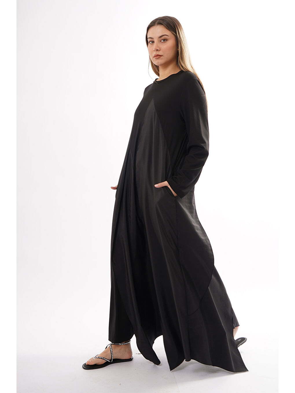 Önü ve Arkası Dubai Garnili Bambu Elbise 724 Siyah-1