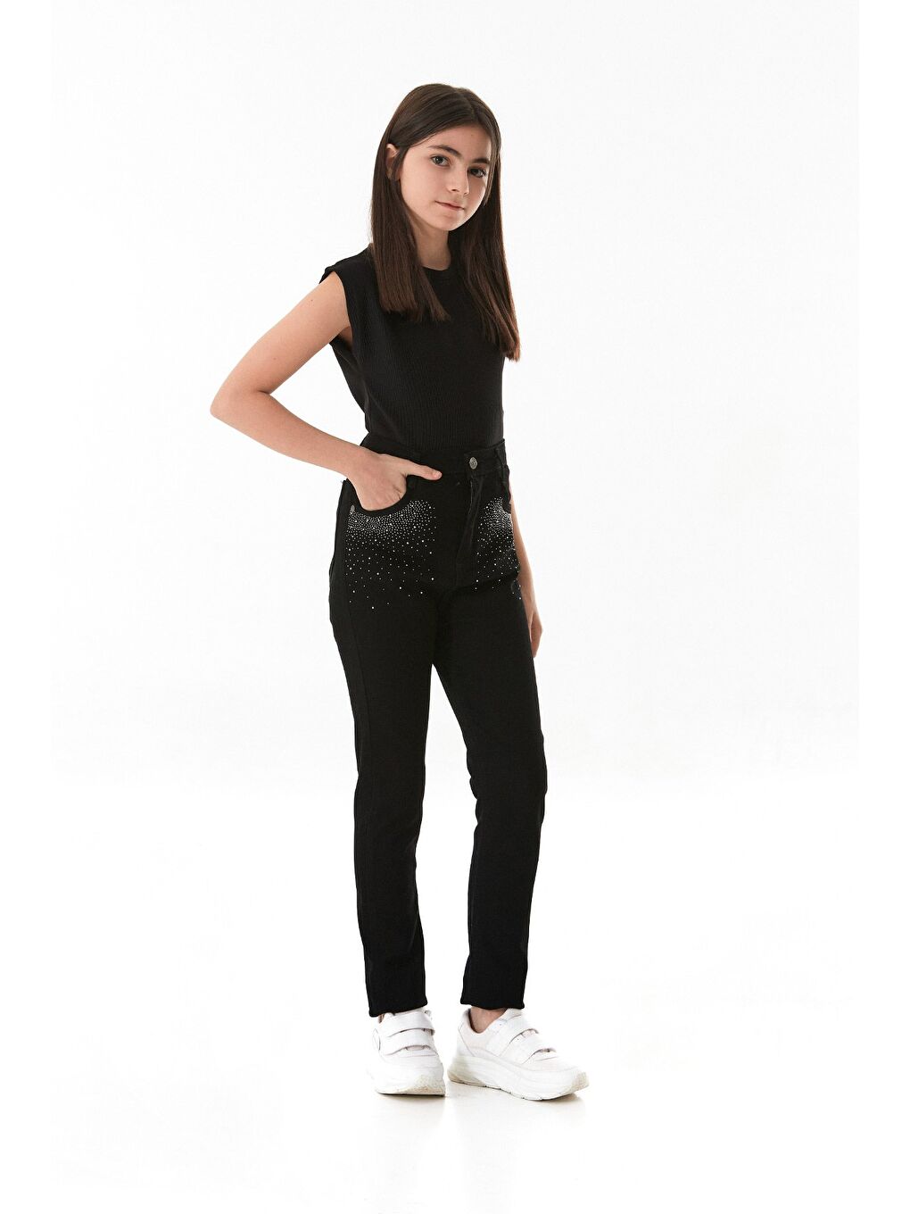 Siyah Cebi Taş Detaylı Kız Çocuk Pantolon-4