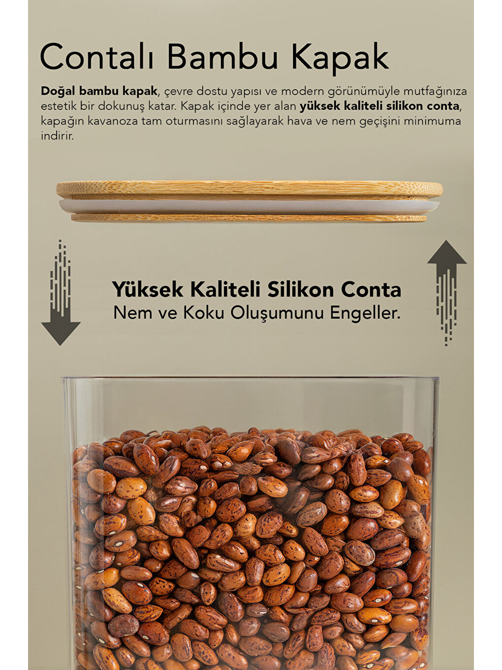 Bej 12'li Bambu Kapak Aura Dikdörtgen Erzak Saklama Kabı 1 l-1