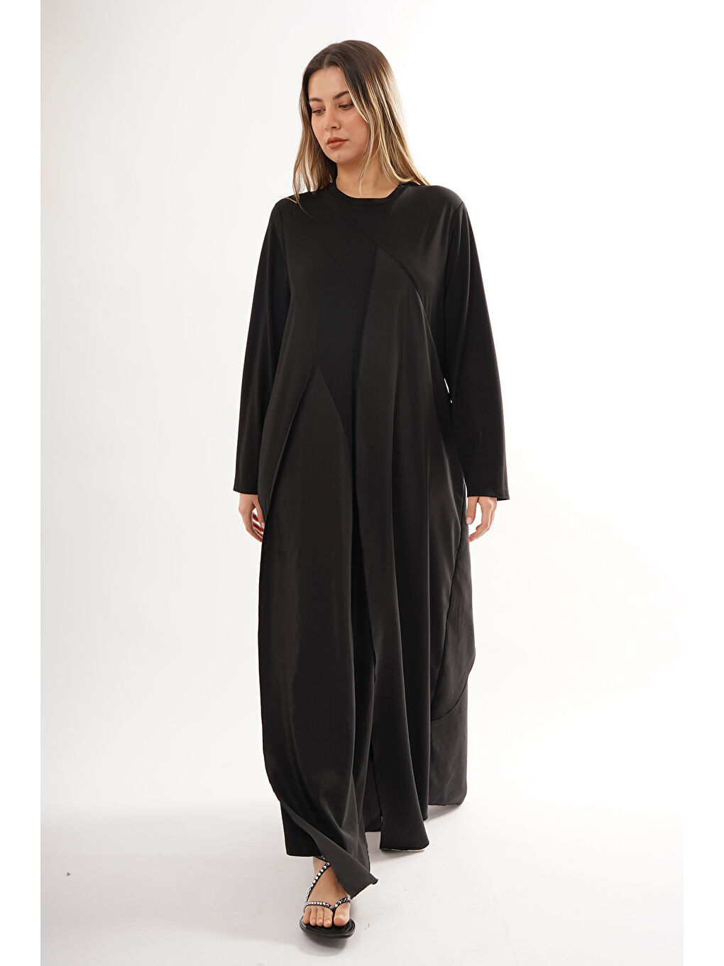 Önü ve Arkası Dubai Garnili Bambu Elbise 724 Siyah-2