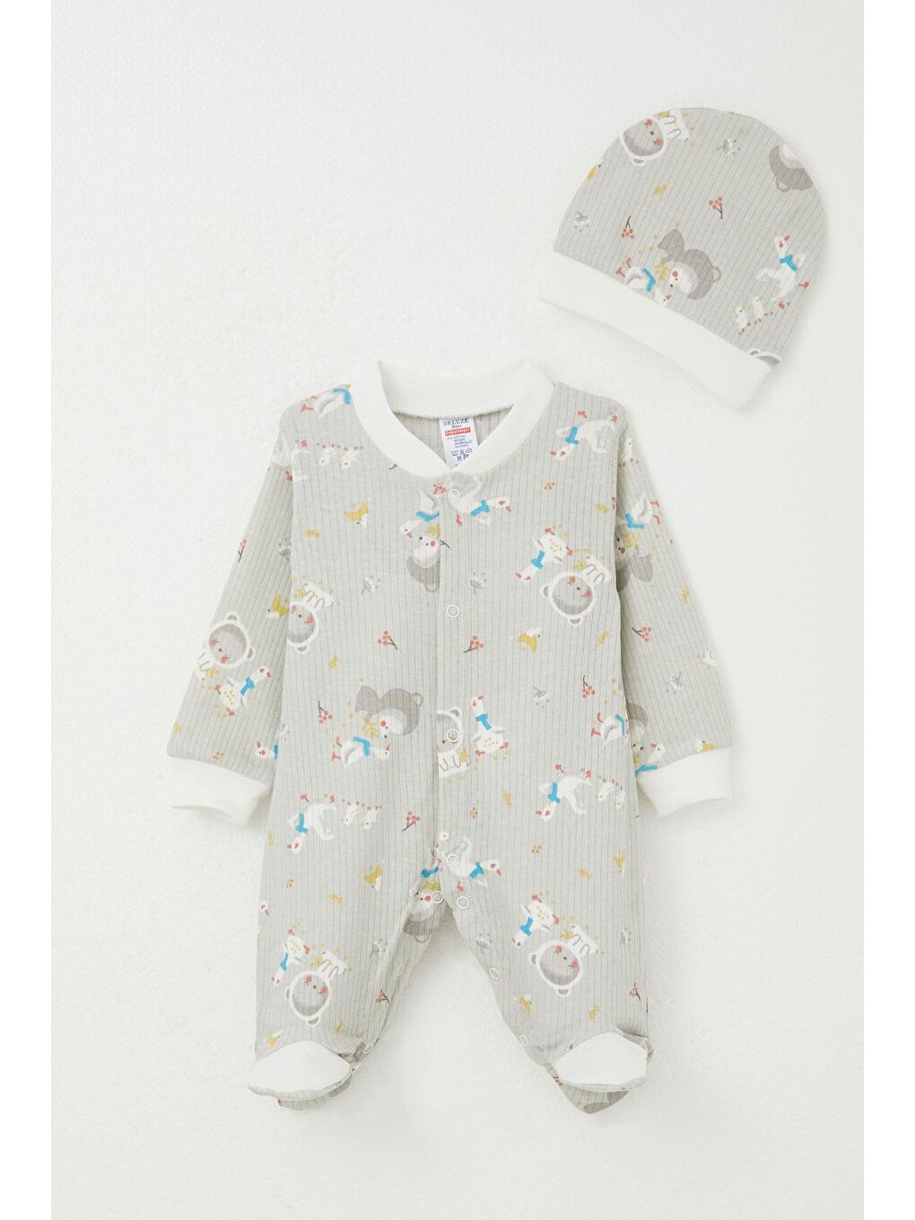 Erkek Bebek Patikli Tulum Sevimli Dostlar Desenli Gri (0-6 Ay)