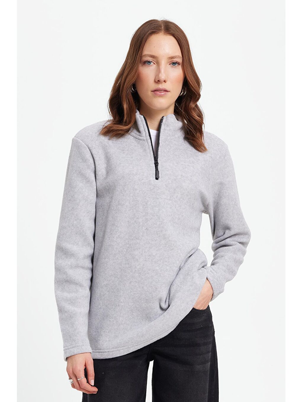 Kadın Standart Fit Anti-Pilling Tüylenme Yapmayan Soğuk Geçirmez Gri Bato Yaka Polar Sweatshirt-1