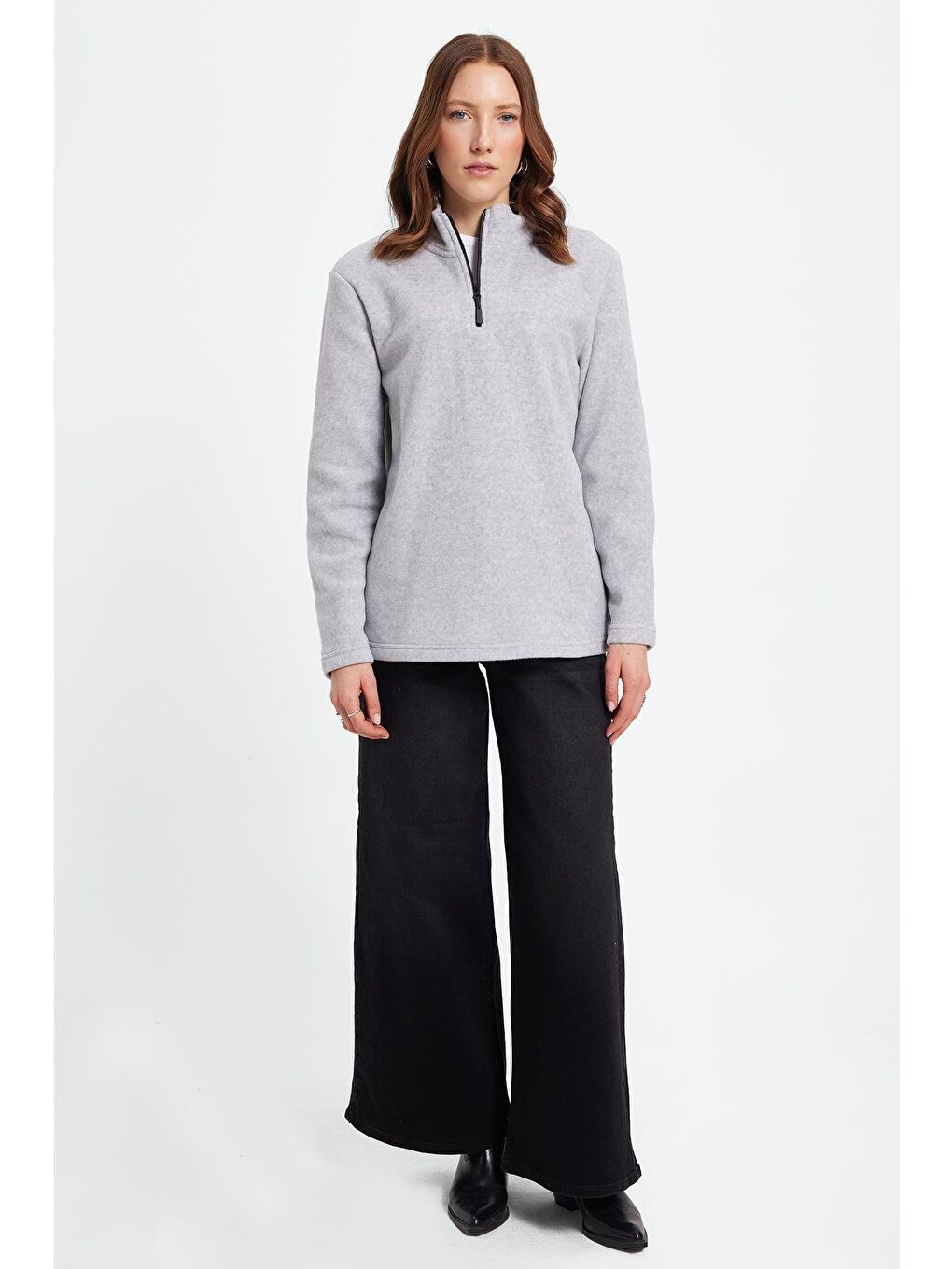 Kadın Standart Fit Anti-Pilling Tüylenme Yapmayan Soğuk Geçirmez Gri Bato Yaka Polar Sweatshirt-2