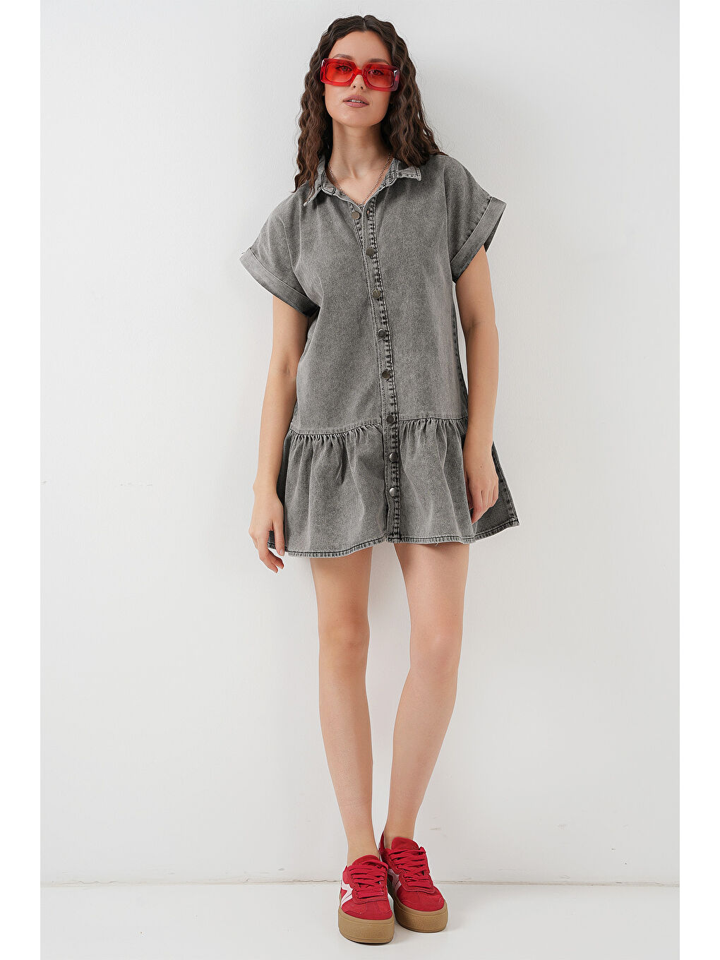 Gri Kadın Kısa Jean Elbise 2530   Füme-1