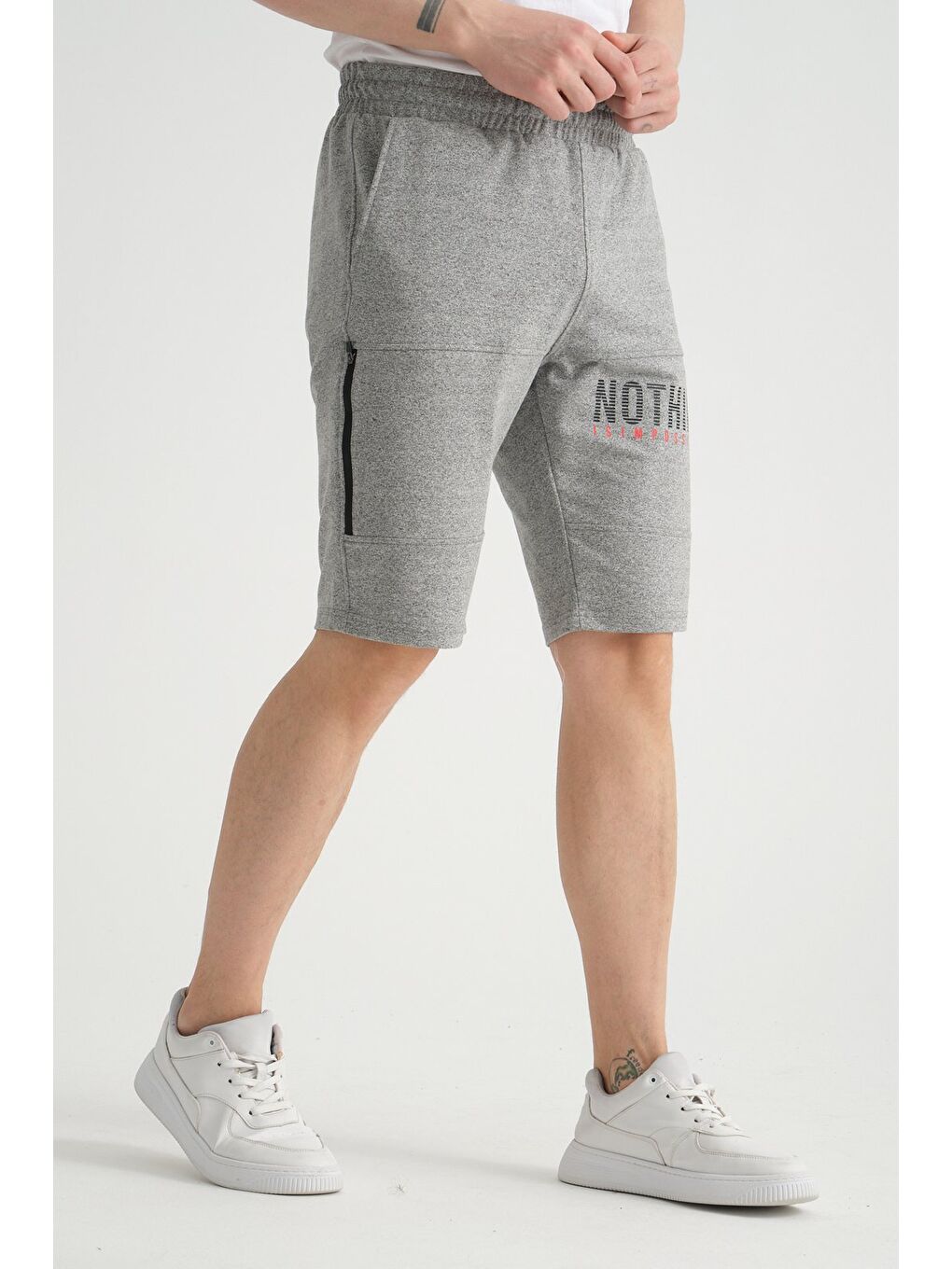 Beyaz Molina Gri Erkek Premium Şort Açık Baskı Detaylı Fermuar Cep Detaylı Regular Kalıp-1