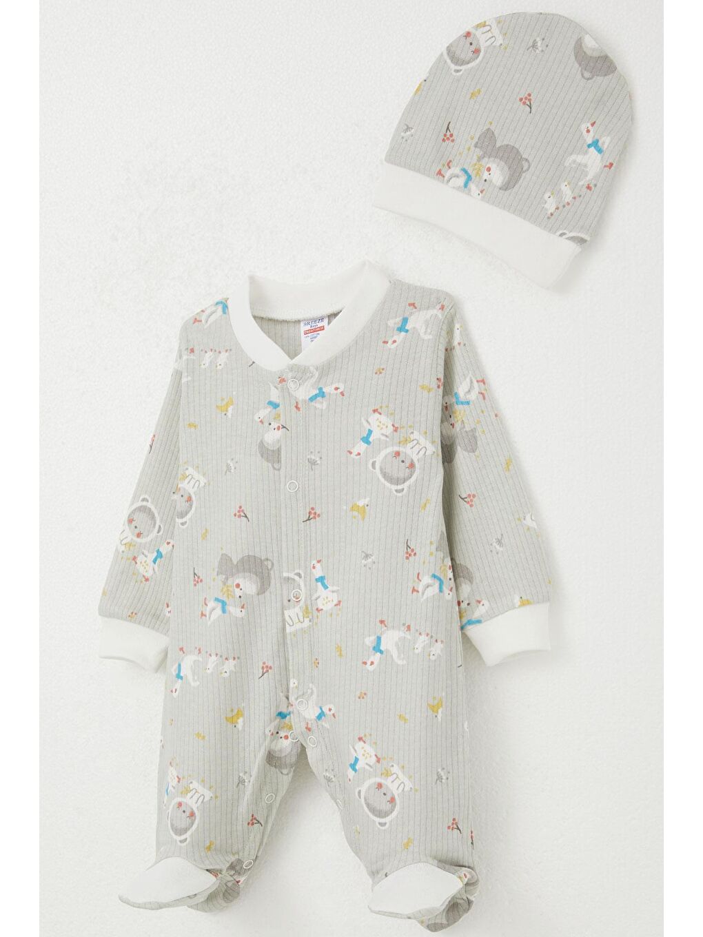 Erkek Bebek Patikli Tulum Sevimli Dostlar Desenli Gri (0-6 Ay)-2