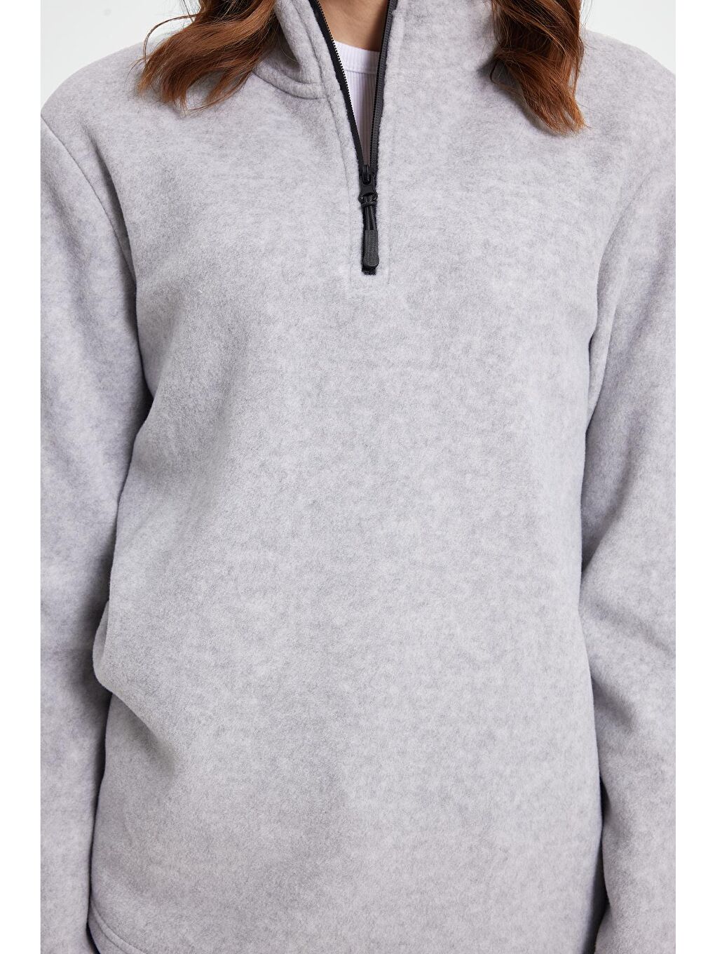 Kadın Standart Fit Anti-Pilling Tüylenme Yapmayan Soğuk Geçirmez Gri Bato Yaka Polar Sweatshirt-3