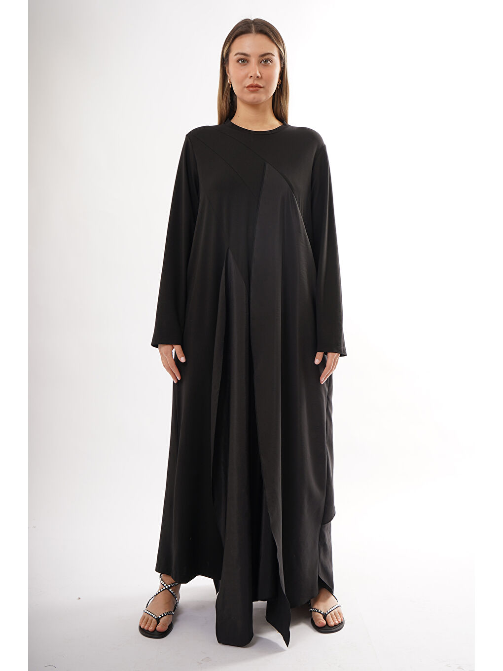 Önü ve Arkası Dubai Garnili Bambu Elbise 724 Siyah-3