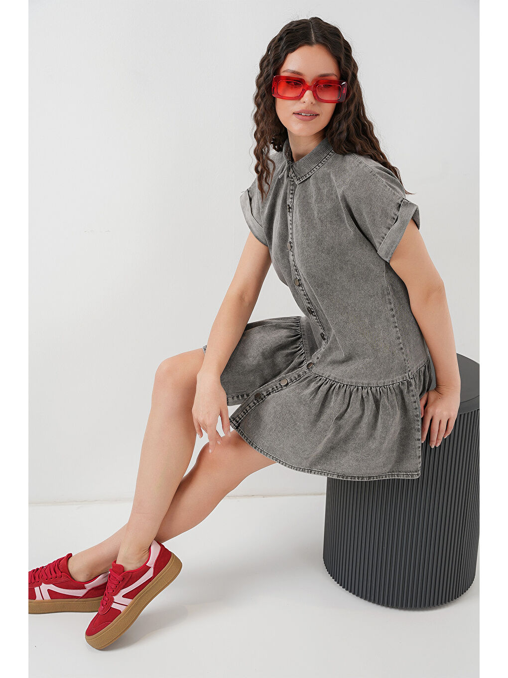 Gri Kadın Kısa Jean Elbise 2530   Füme-2