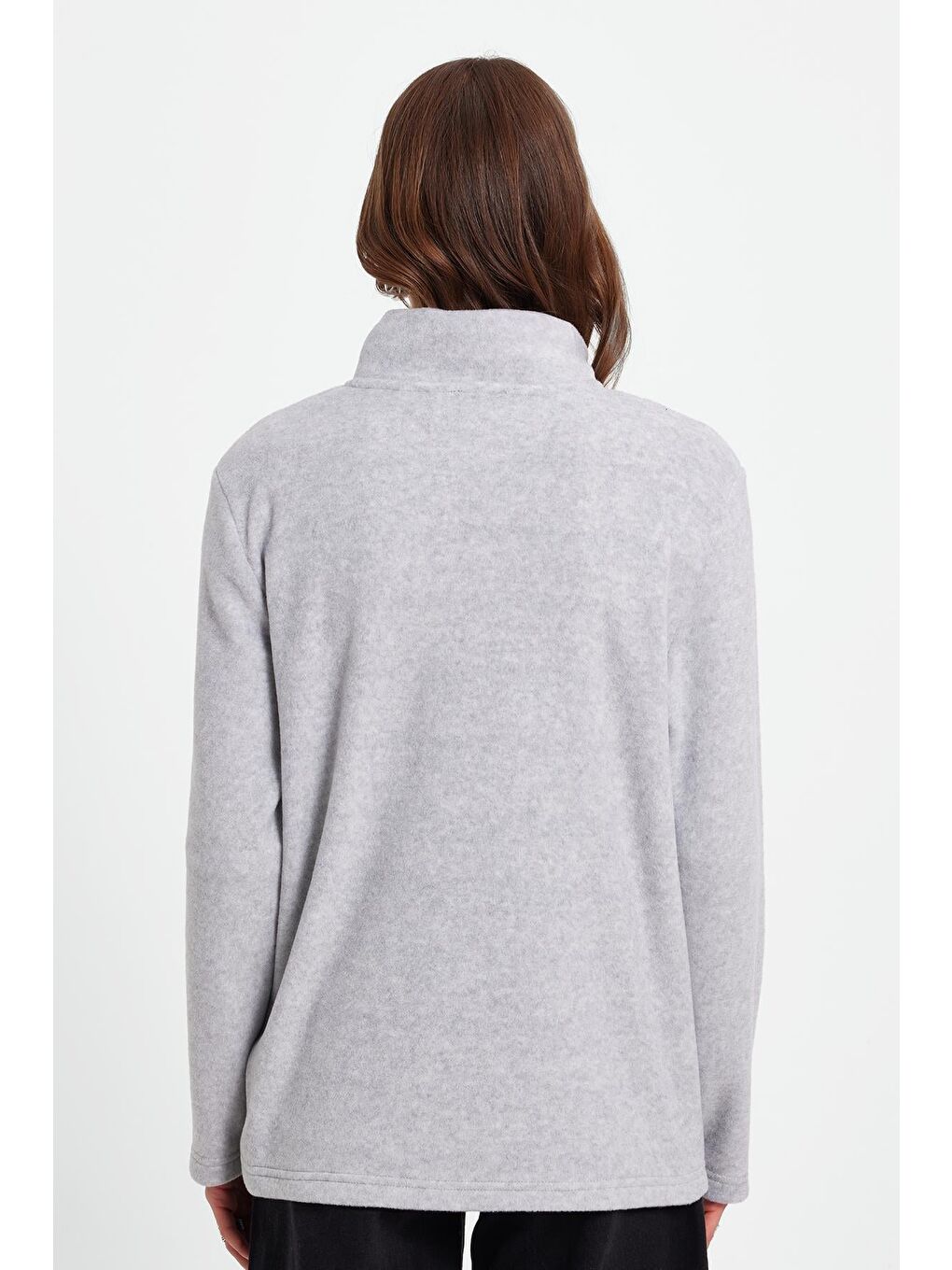 Kadın Standart Fit Anti-Pilling Tüylenme Yapmayan Soğuk Geçirmez Gri Bato Yaka Polar Sweatshirt-5