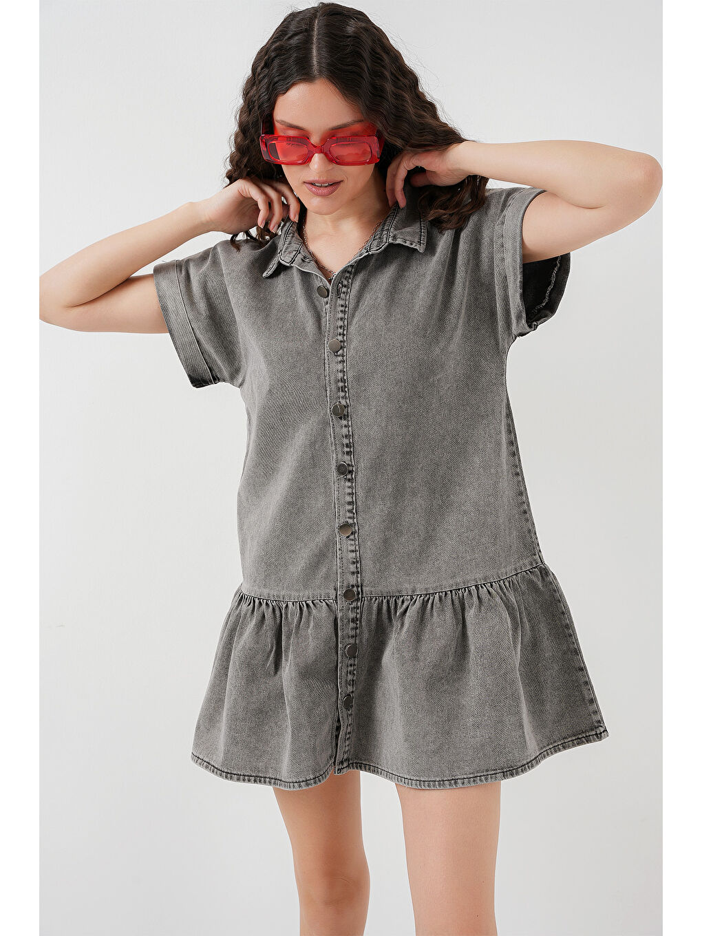 Gri Kadın Kısa Jean Elbise 2530   Füme-3