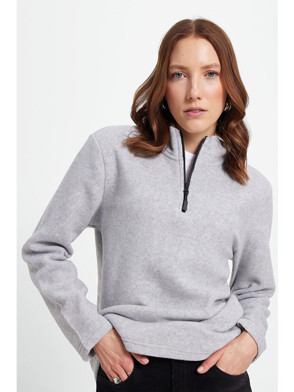 Kadın Standart Fit Anti-Pilling Tüylenme Yapmayan Soğuk Geçirmez Gri Bato Yaka Polar Sweatshirt-6