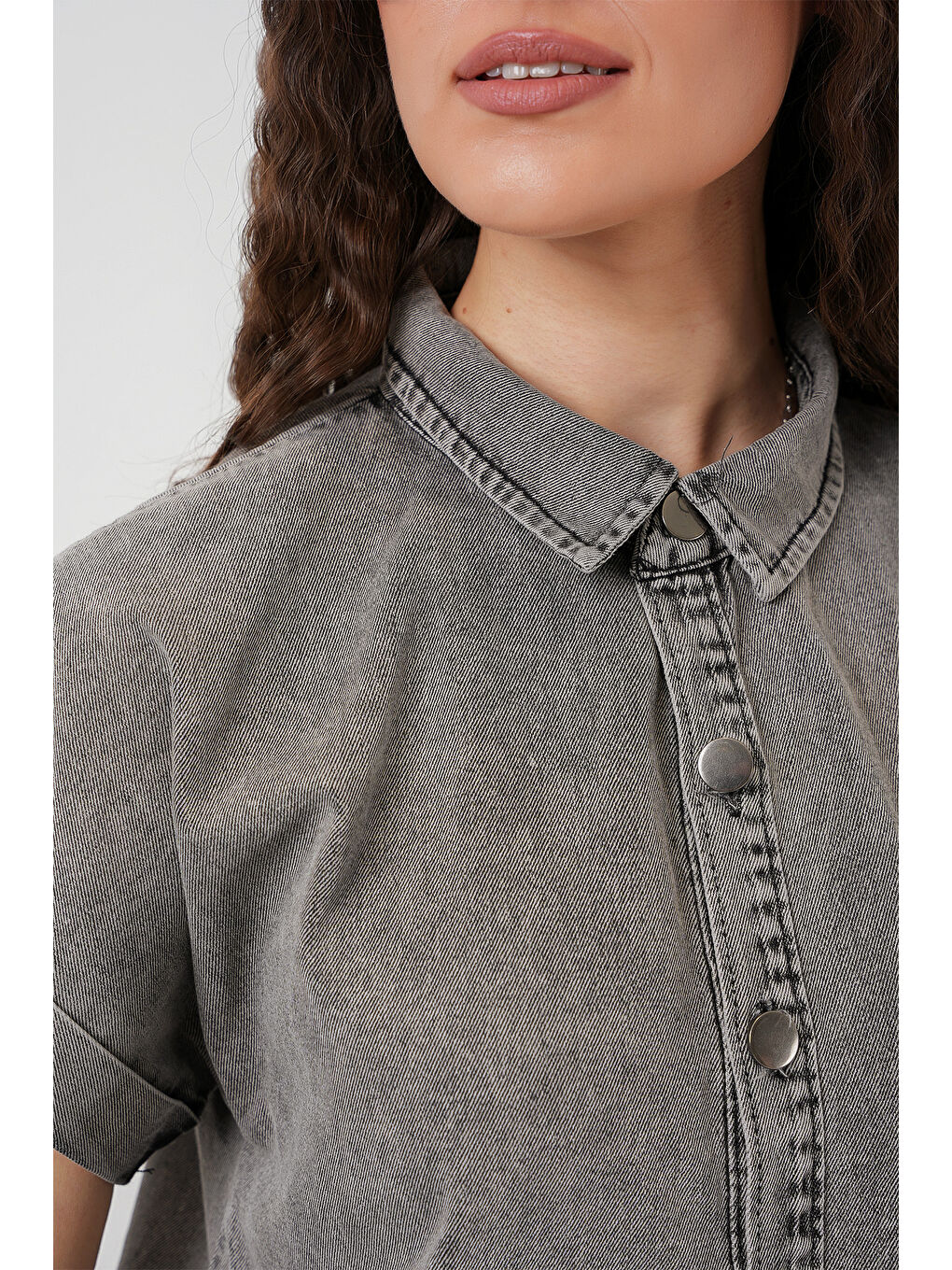 Gri Kadın Kısa Jean Elbise 2530   Füme-4