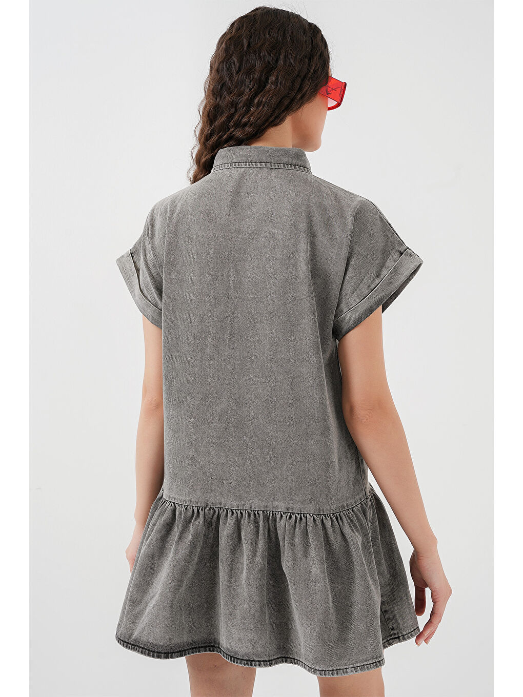 Gri Kadın Kısa Jean Elbise 2530   Füme-5