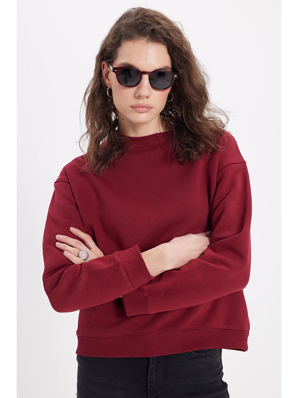 Kadın Oversize Geniş Kesim Pamuklu Bisiklet Yaka Bordo Sweatshirt-1