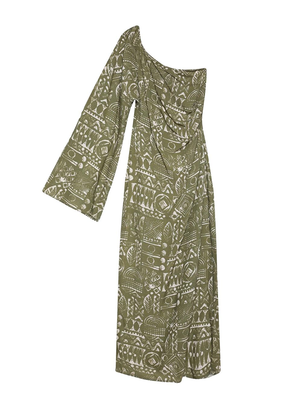 Tek Omuz Detaylı Desenli Midi Elbise Haki-1