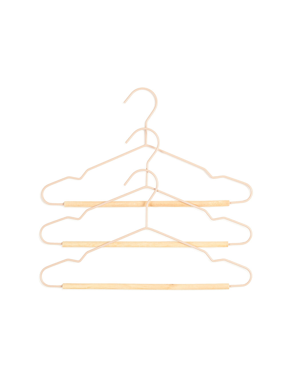 3'lü Ahşap Destekli Mat Pudra Pembe Renk Kauçuk Kaplamalı Metal Çocuk Giysi Askısı 18 x 32 x 0.3 cm-3