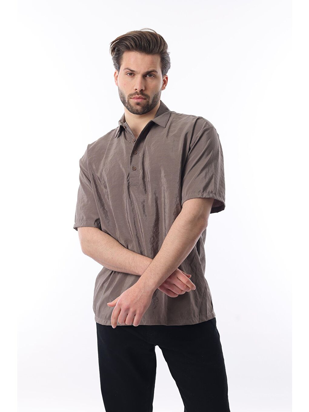 Kahverengi Oversize Rahat Kesim Kısa Kollu Gömlek 6744