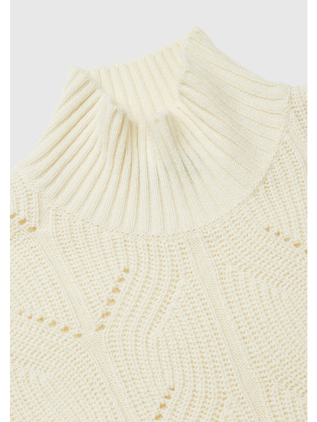 Ekru Kadın Krem Yün Karışımlı Örgü Boğazlı Kazak-6