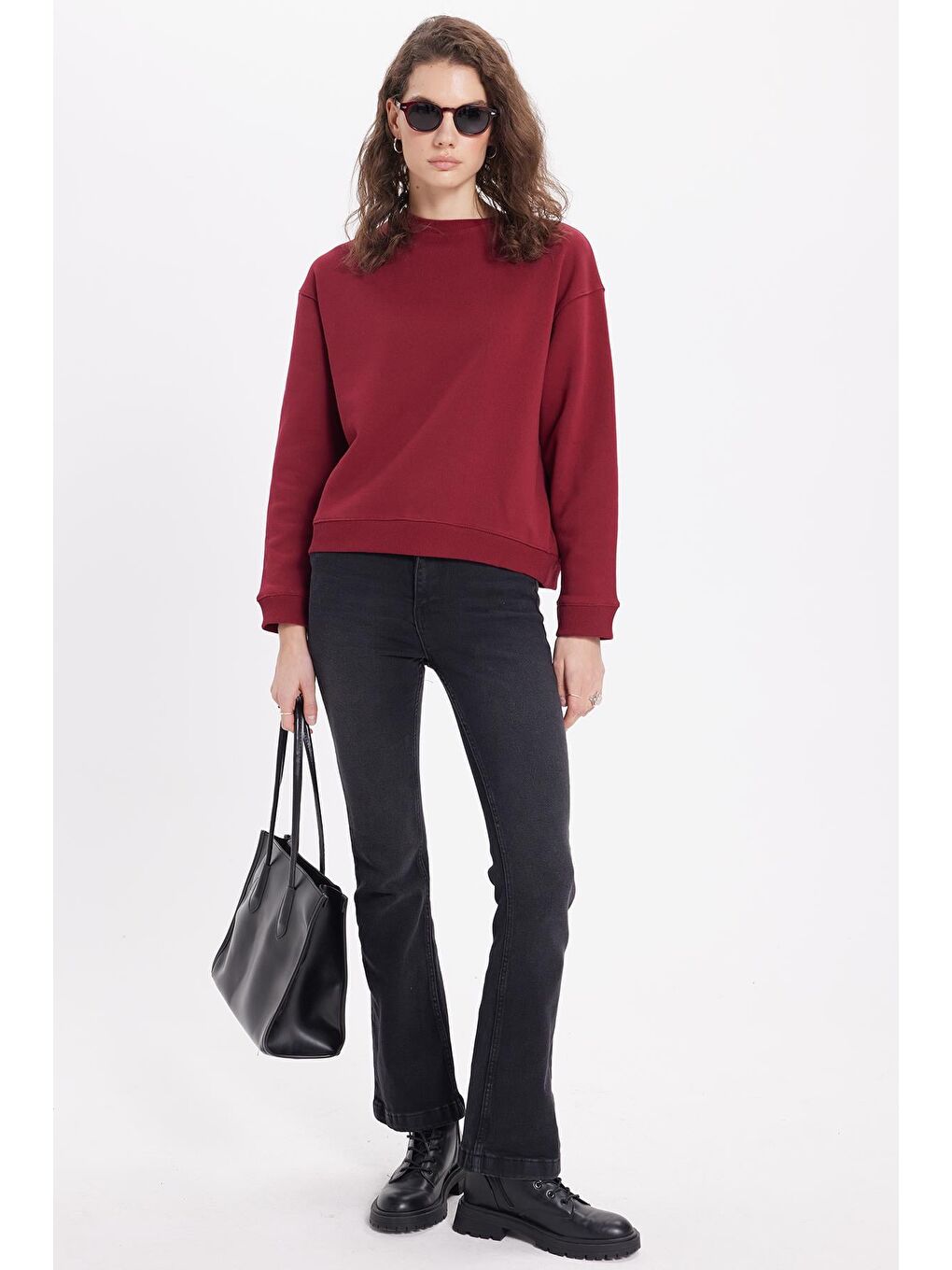 Kadın Oversize Geniş Kesim Pamuklu Bisiklet Yaka Bordo Sweatshirt-3