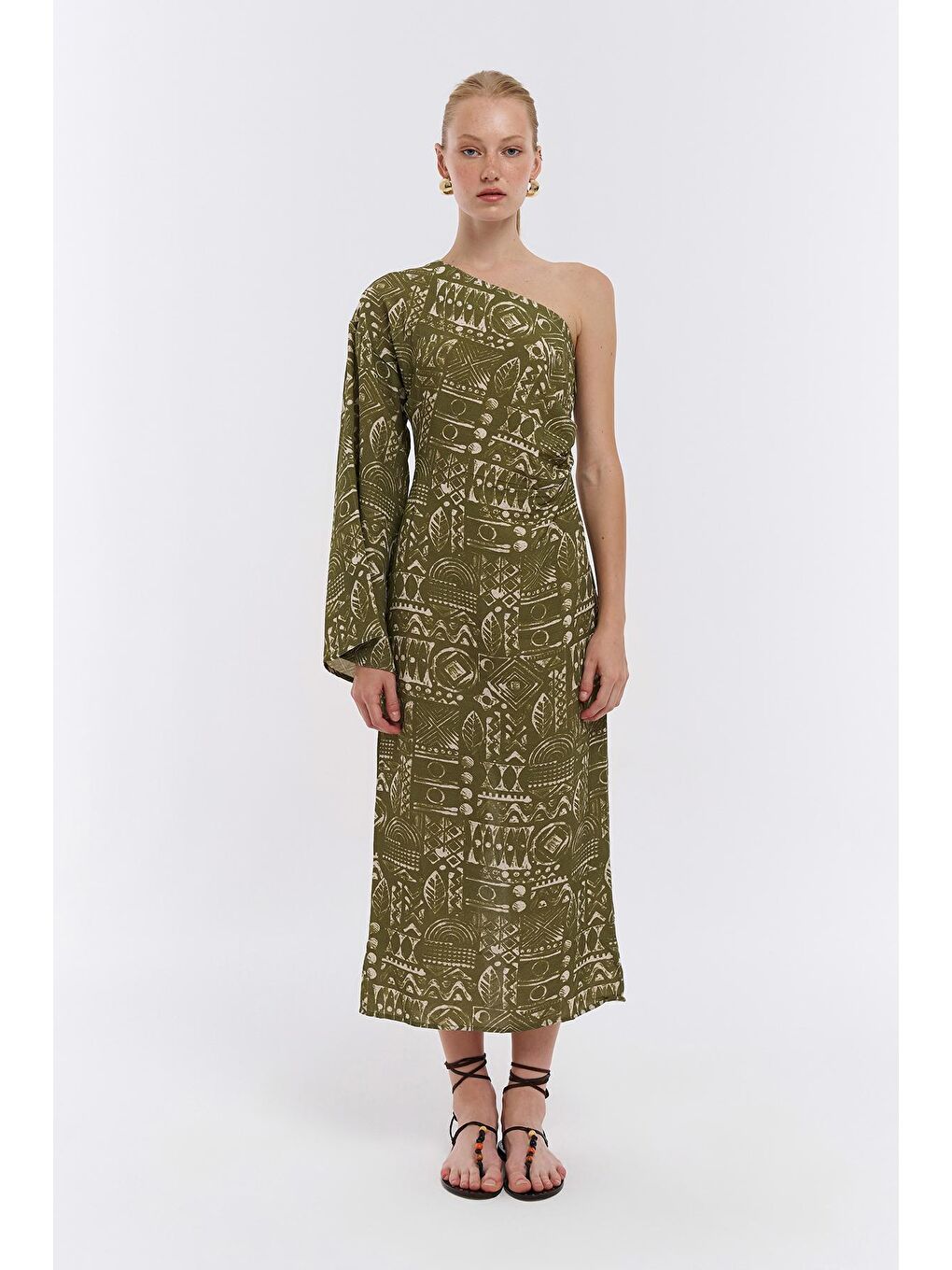 Tek Omuz Detaylı Desenli Midi Elbise Haki-2