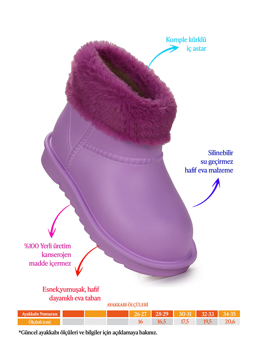 Lila Geta Su Geçirmez İçi Kürklü Kız Çocuk Eva Yağmur Kar Çizme-1