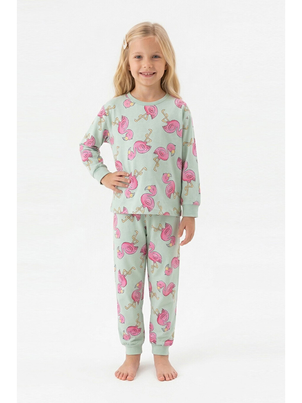 Turkuaz Kız Çocuk %100 Pamuk Ve Filamingo Desenli Pijama Takımı 3-8 Yaş 12744ıs-1