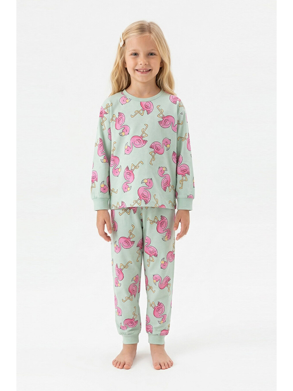 Turkuaz Kız Çocuk %100 Pamuk Ve Filamingo Desenli Pijama Takımı 3-8 Yaş 12744ıs-2