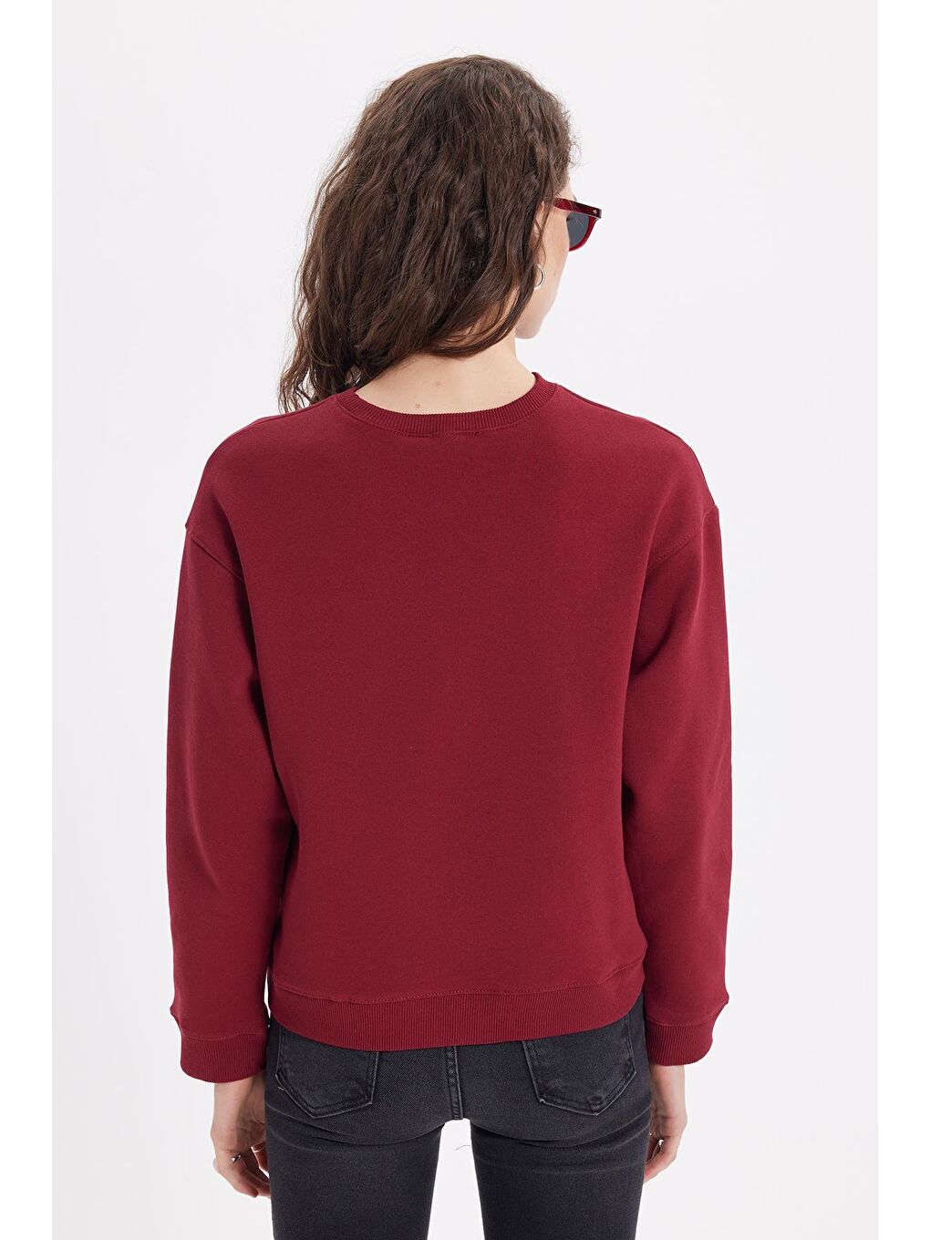 Kadın Oversize Geniş Kesim Pamuklu Bisiklet Yaka Bordo Sweatshirt-6