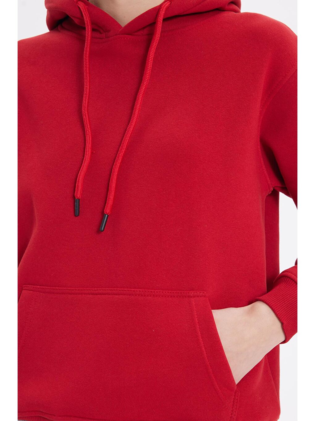 Kadın Relax Fit Rahat Kesim Pamuklu Kapüşonlu Kanguru Cepli Kırmızı Sweatshirt-2