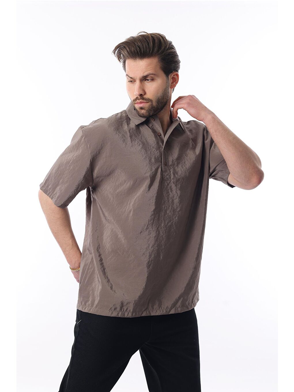 Kahverengi Oversize Rahat Kesim Kısa Kollu Gömlek 6744-1