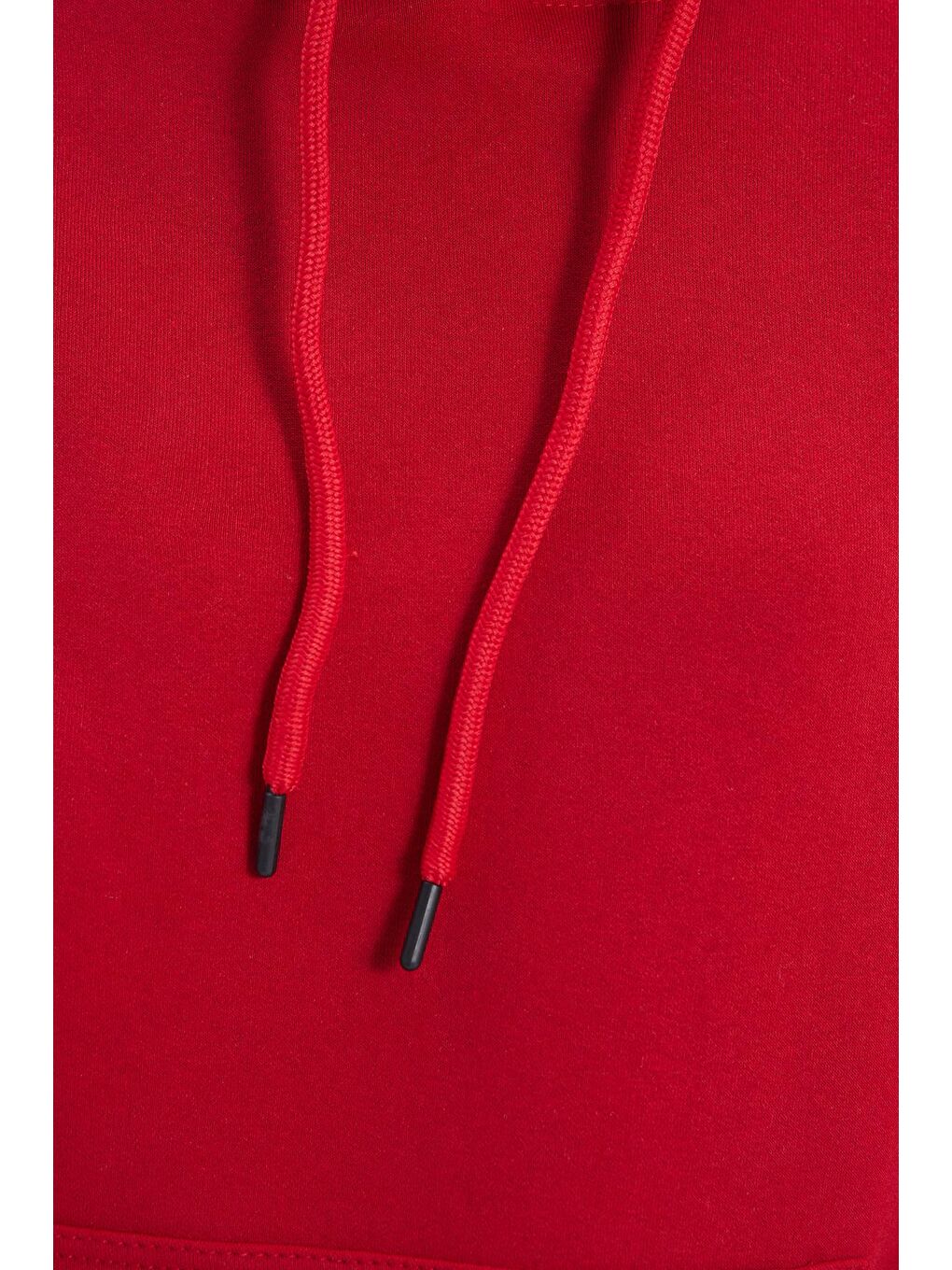 Kadın Relax Fit Rahat Kesim Pamuklu Kapüşonlu Kanguru Cepli Kırmızı Sweatshirt-5