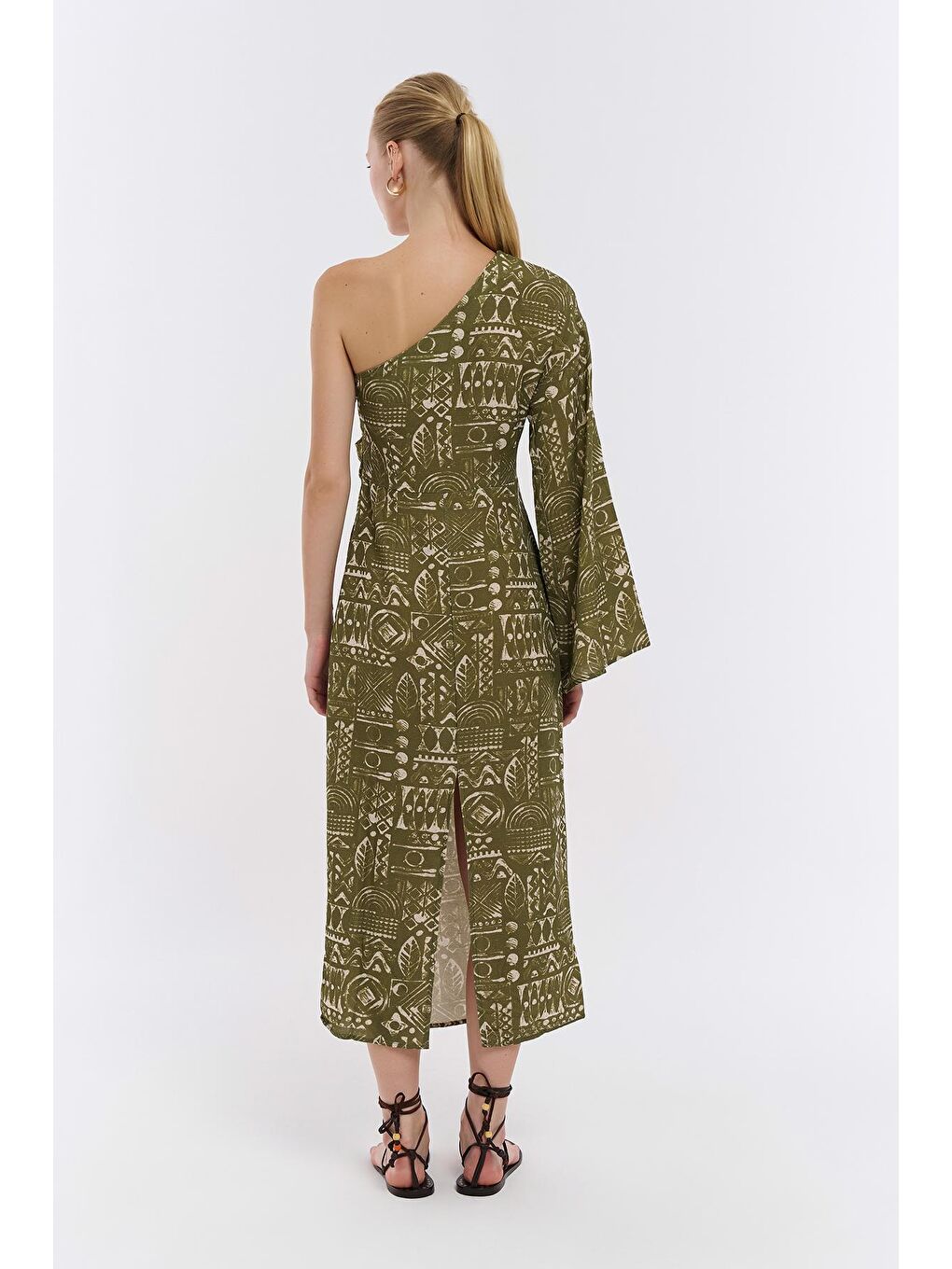 Tek Omuz Detaylı Desenli Midi Elbise Haki-4