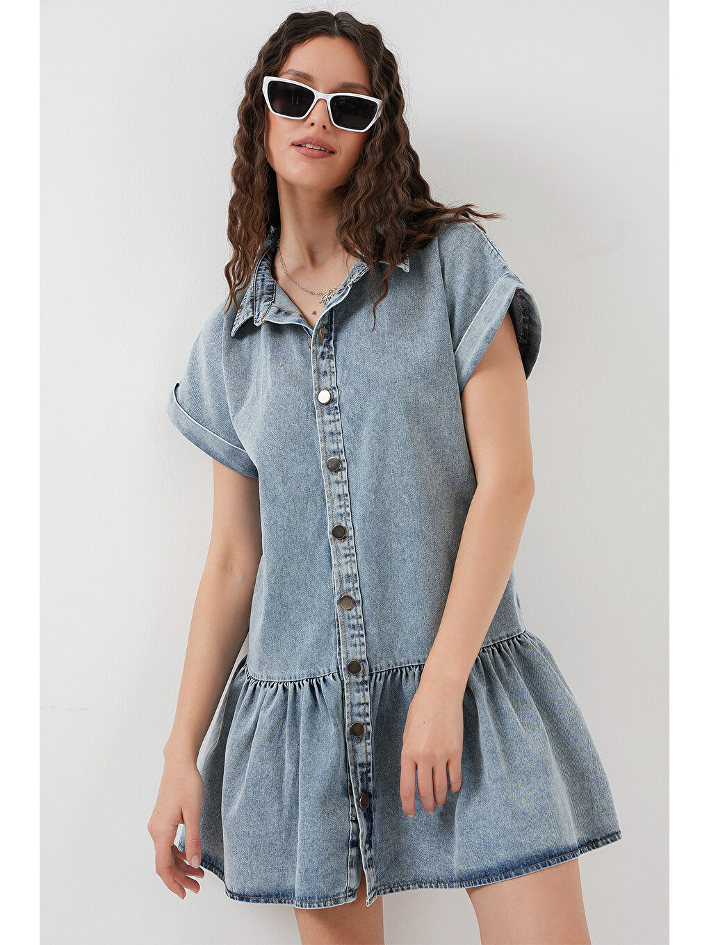 Kadın Kısa Jean Elbise 2530   Mavi-2