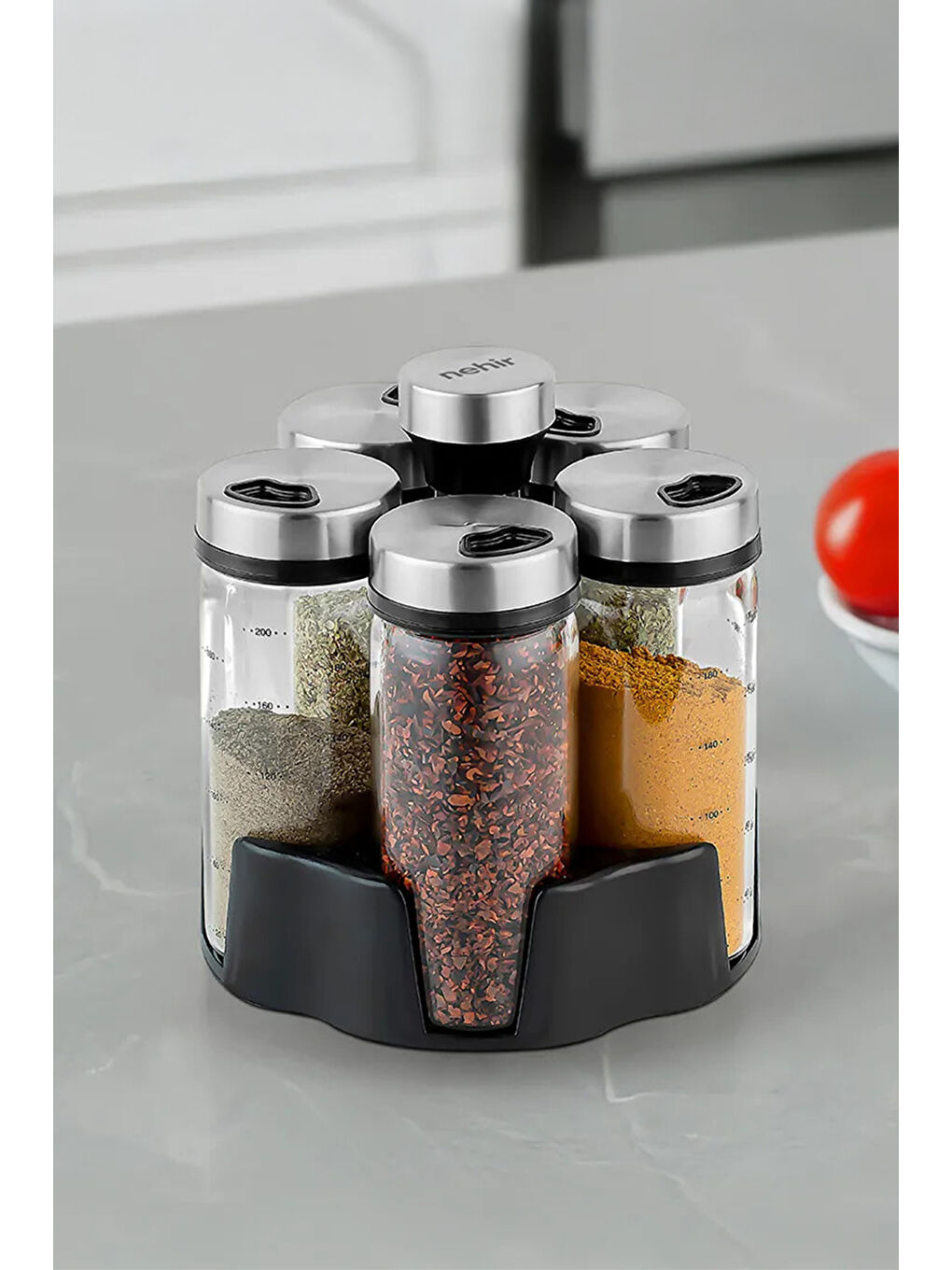 Gri Carlo 5'li Borosilikat Döner Standlı Baharatlık