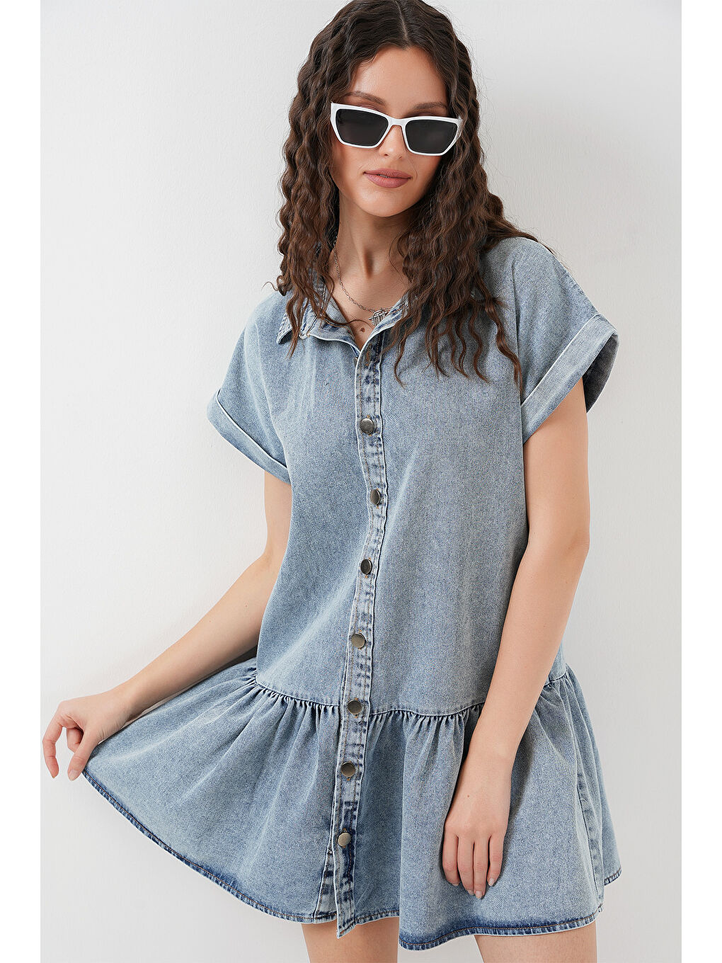 Kadın Kısa Jean Elbise 2530   Mavi-3