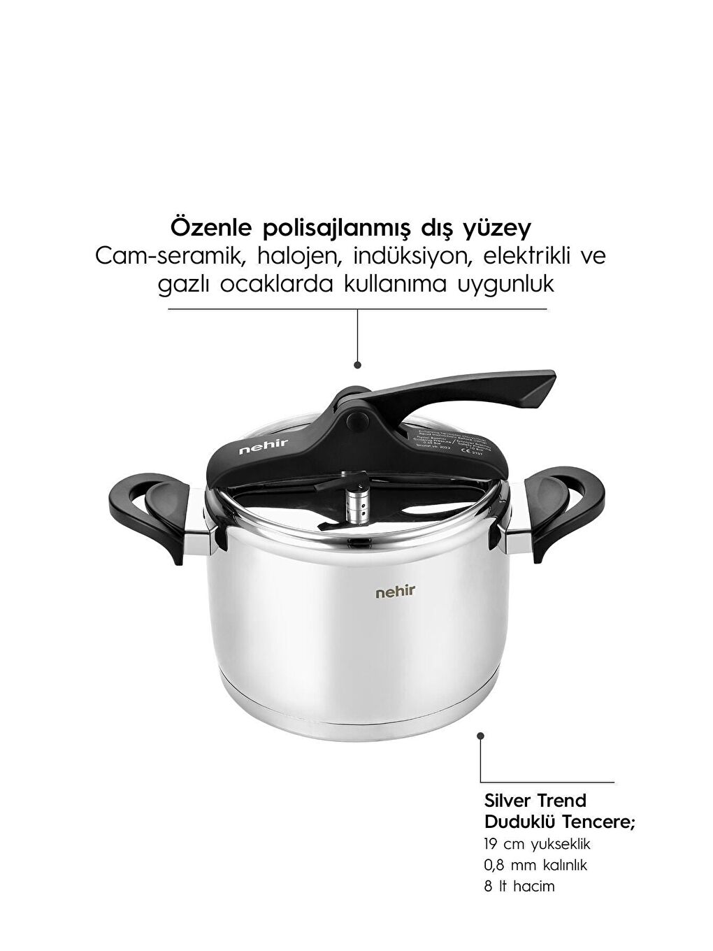 Gri Silver Trend 8 Litre Klasik Düdüklü Tencere Siyah-2