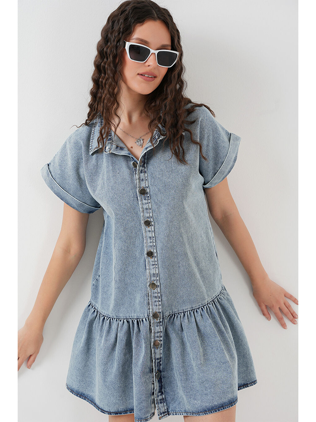 Kadın Kısa Jean Elbise 2530   Mavi-4